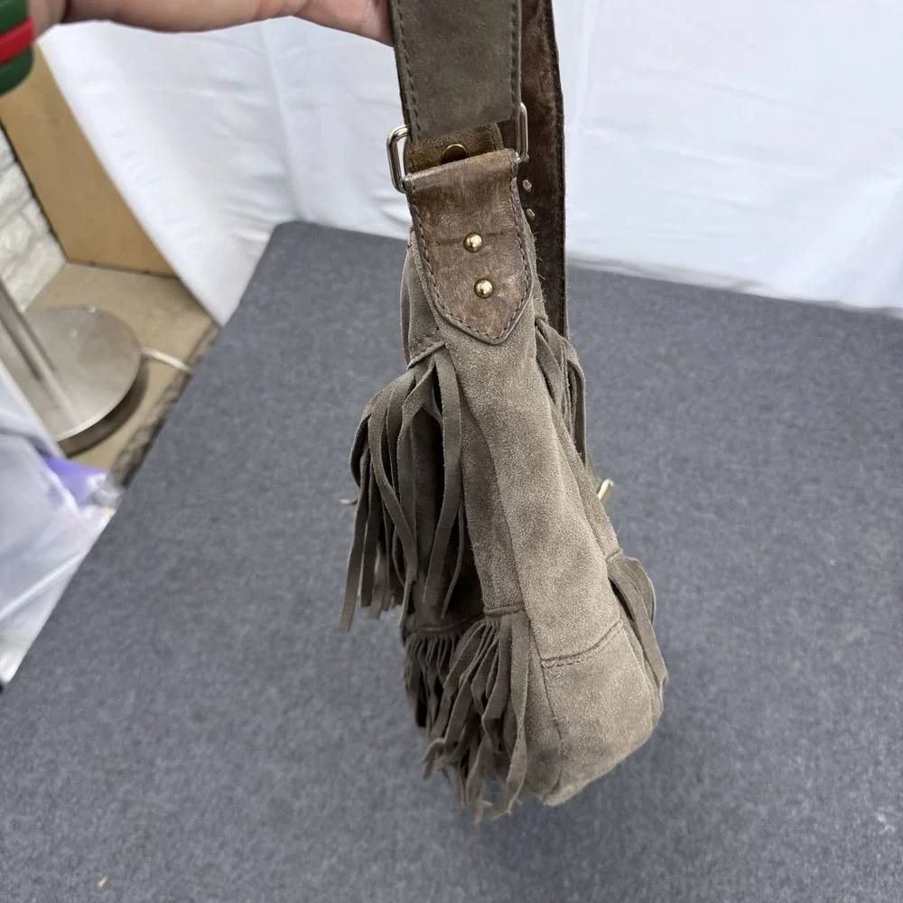 GAP 100% Cow Suede Fringe Hobo Shoulder Bag Boho Western Taupe - Picture 6 of 13
